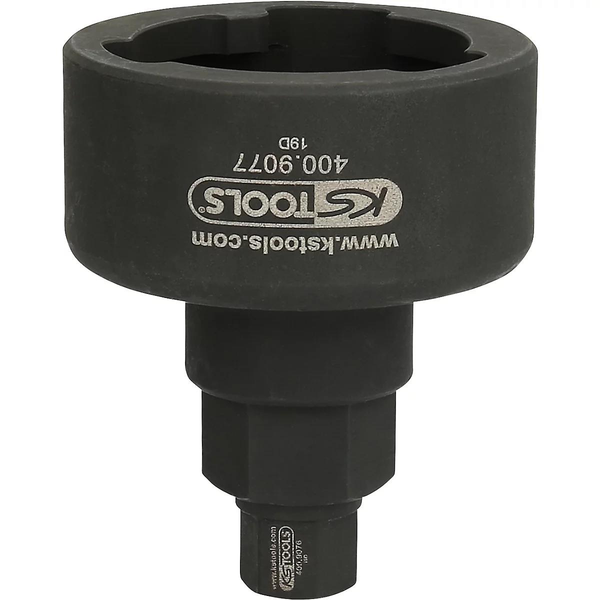 Schwarzes Werkzeug mit der Aufschrift KS TOOLS. Aufbau: Zylinder mit Aussparungen, unten ein sechseckiger Ansatz.